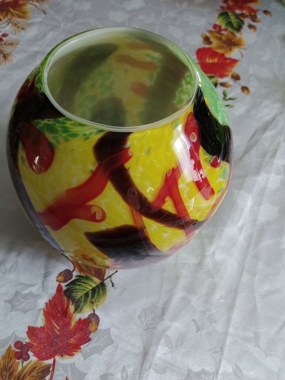 Handblown Multicolor Art Glass Vase - Yellow, Red, Green, Black